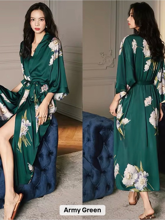 None Other - Floral Satin Kimono Robe in Army Green - Luxury Lounge